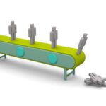 Illustration of an assembly line with grey human-shaped figures standing on it and two figures fallen to the ground where they've rolled off the assembly line to the floor